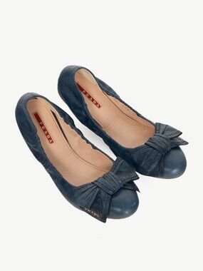 Prada AW13 Blue Leather Bow Scrunch Ballet Flats